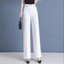 [Pague 3, Leve 5] Calças Femininas Living de Cintura Alta com Botões Frontais em Poliéster e Seda Gelo